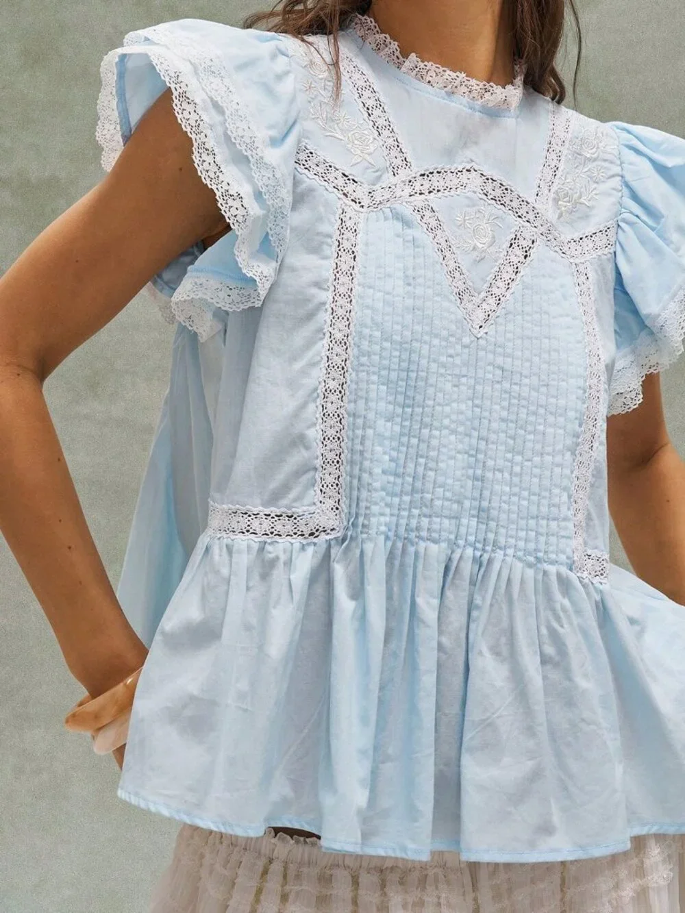 Blue Cottagecore Boho Women's Embroidered Ruffled Patchwork Blouse